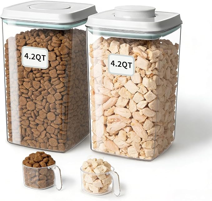 Dog Food Storage Containers 2 Pack, 4L/4.2 Qt Each Airtight Pet Canisters with One-Touch Lids, 130ml Scoops, BPA-Free Stackable Clear Kibble Holders for Kibble, Cat Food and Treats