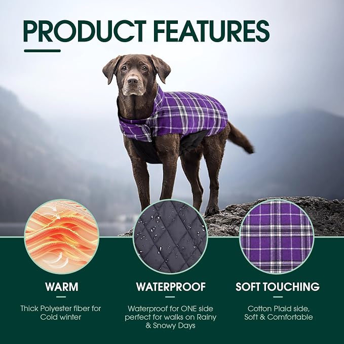 Kuoser Warm Dog Coat, Waterproof Dog Jacket for Extra Large Dogs,Purple 3XL | Adjustable Durable XXXL Doggie Winter Coat Reversible Puppy Cold Weather Apparel for Large Breed