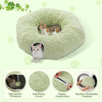 PEQULTI Green Donut Cat Tunnel Bed Washable Plush Mat for Multi Small Pets | Round play tube with soft detachable plush mat, multi-pet toy fit indoor cats, kittens, puppies, rabbits and ferrets