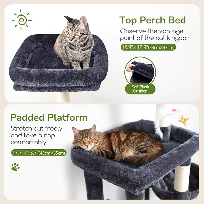 Globlazer 52in Cat Tree Tower for Indoor Cats, 2 Condos, S52, Dark Grey | Multi-Level Plush House, 5 Sisal Scratching Posts, 2 Padded Top Perches, Big Metal Basket, Stable Enlarged Base
