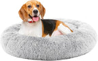 DUMOS 37.4 Inch Donut Dog Bed, Faux Fur Plush, Grey | Machine Washable Cuddler Warming Cozy Fluffy Faux Fur Plush Round Pet Bed, Anti-Slip Bed for Indoor Dogs and Cats