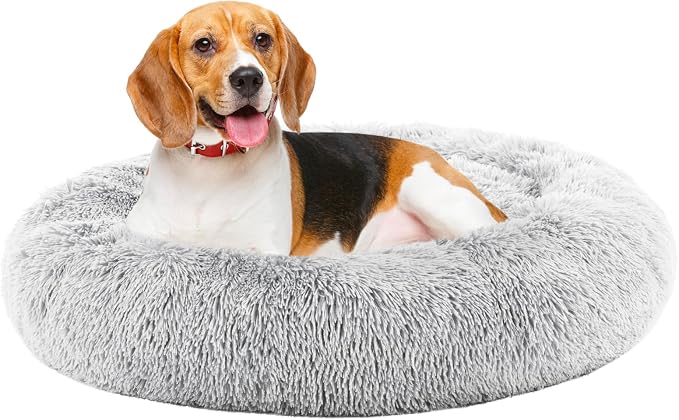 DUMOS 37.4 Inch Donut Dog Bed, Faux Fur Plush, Grey | Machine Washable Cuddler Warming Cozy Fluffy Faux Fur Plush Round Pet Bed, Anti-Slip Bed for Indoor Dogs and Cats