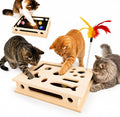 Cat Nail File Scratcher, Interactive Cat Scratch Puzzle Treat Box for Indoor Cats, Solid Wood Sandpaper Liner Claw Care Toy with 3 Balls & Feather, Stress-Free Alternative to Clippers & Grinders