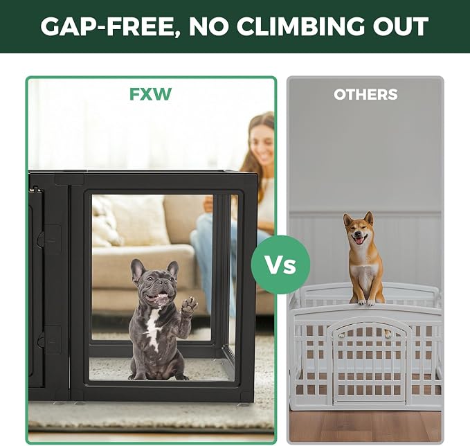FXW AuraSpace Clear Acrylic Indoor Dog Playpen, 30" H, 12 Panels, Black | Open View, Modern Home Fit, No Climbing Bars, Tool-Free Setup, For Small & Medium Dogs