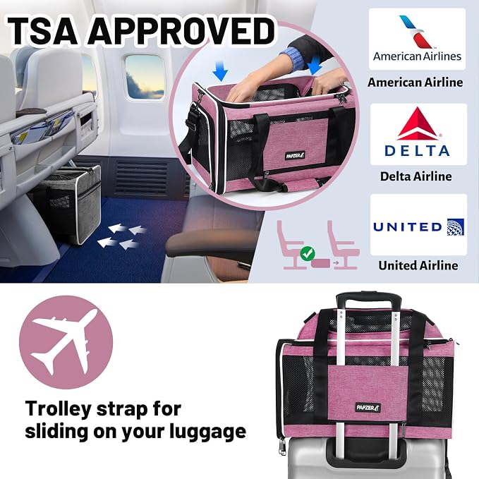 Top-Expandable Cat Carrier 18x11x11, United Delta American Airline Approved | Soft-Sided Small Dog Pet Carry Bag Travel Under-Seat in Cabin, Puppy Airplane Crate 10lbs TSA Plane Kitten Cage Kennel Pink