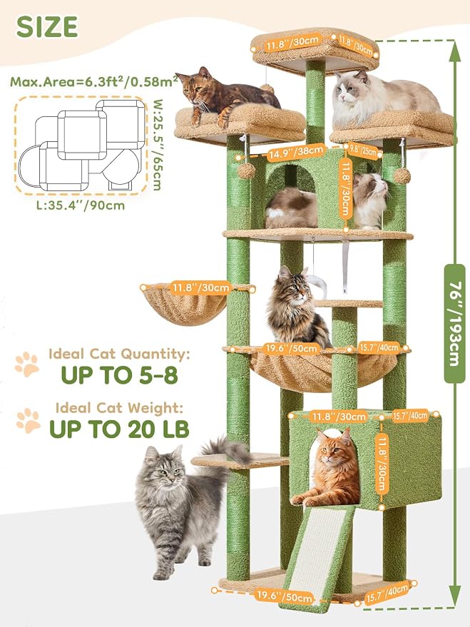 Taoqimiao Tall Cat Tree, 76In XL Cat Tower for Large Cats, 3 Padded Perches | Oversized Metal Hammock, 2 Big Condos, 1-Piece Ramp Scratcher, 7 Natural Sisal Posts, Hanging Basket, Cactus, MS047T
