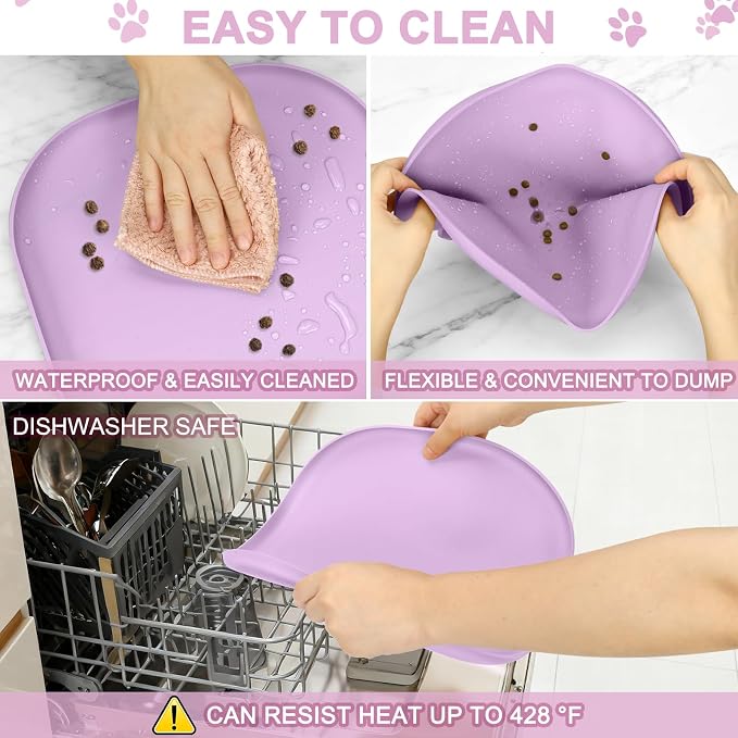 SMILOOL Small Silicone Pet Food Mat with Raised Edge for Food and Water Bowl, Square Dog Feeding Mats, Cat Food Trays for Floor Waterproof, Rubber Tray for Dogs and Cats, 12 x 12 x 0.7 Lavender
