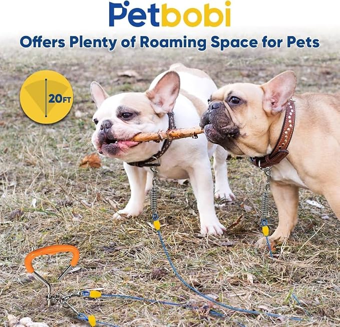 Petbobi Dog Tie-Out Cable and Stake - 20ft Heavy Duty Cable with Spring, No Tangle, 16in Ground Stake, Ideal for Yard, Camping and Beach, Suitable for Small Medium Large Dogs Up to 120 lbs, Blue | 4in Shock Spring, 16in Spiral Ground Anchor, 360° No-Ta...