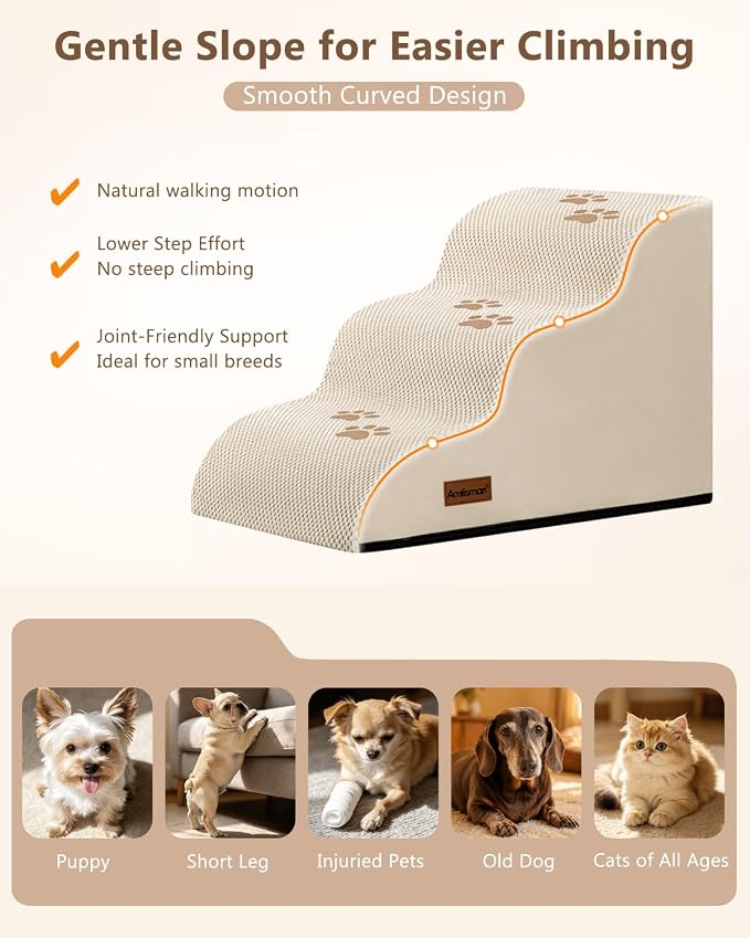 Aodisman Dog Stairs for Small Dogs,3 Step Dog Ramp for Couch,Non-Slip Steps | Pet stairs help small dogs, old cats, and puppies reach couches and chairs easily, durable indoor dog steps,15.4" H,Beige