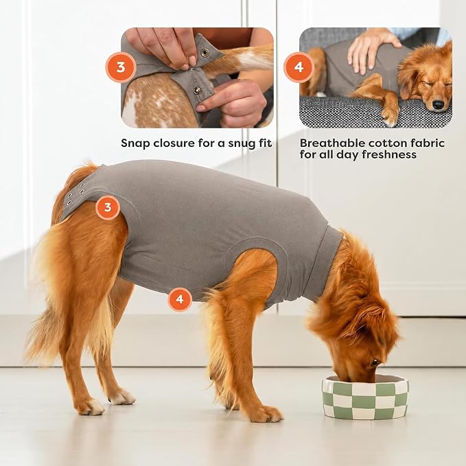 Suitical - The Original Dog Surgery Recovery Suit - Replace E-Collar & Cone - Spay, Neuter, Wounds, Prevent Licking - XSmall - Neck to Tail 15.7-17.7in - Chest 18-24in - Weight 18-28lbs Sandstone Grey