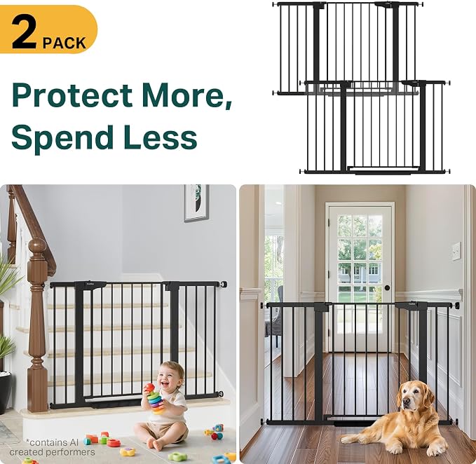 Cumbor Pack of 2 Baby Gate for Stairs, 29.7–48" Pressure Mounted Dog Gate for Doorways, Auto Close Safety Pet Gate Indoor, Easy Walk Thru Wide Child Gate, Black, Mom's Choice Award Winner