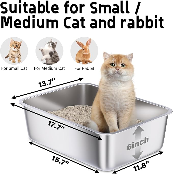 Stainless Steel Litter Box, Metal Litter Box High Sided 18"x14"x6" | Cat Litter Box Easy to Clean, Non-Stick Litterbox for Cats or Kittens, No-Smell Pet Supplies Toilet Tray