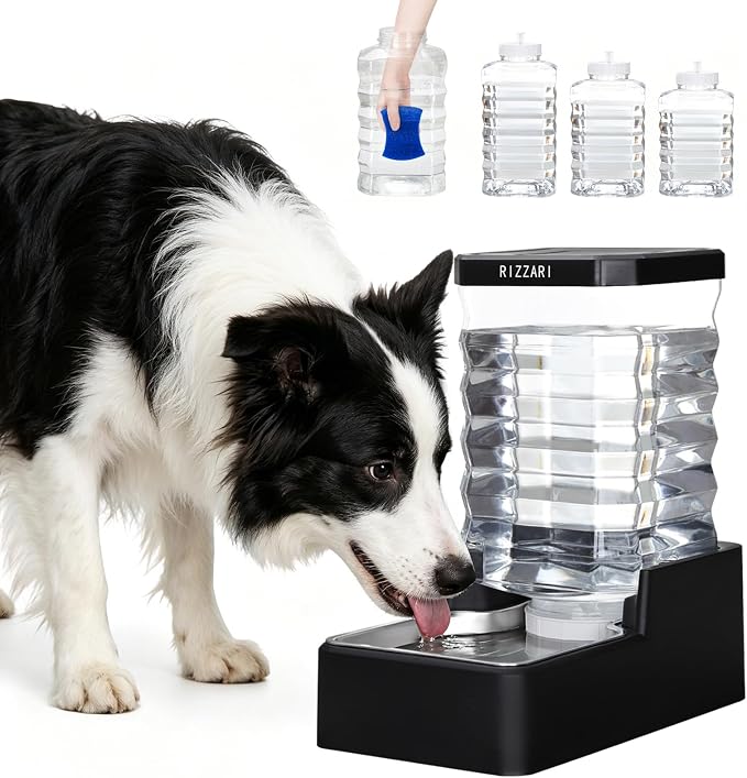 RIZZARI 9L Gravity Water Dispenser for Dogs, Auto Refill Waterer | Large-Capacity Water Storage,Wide-Mouth Easy Cleaning,Stainless Steel Bowl,Multi-Day Water Supply