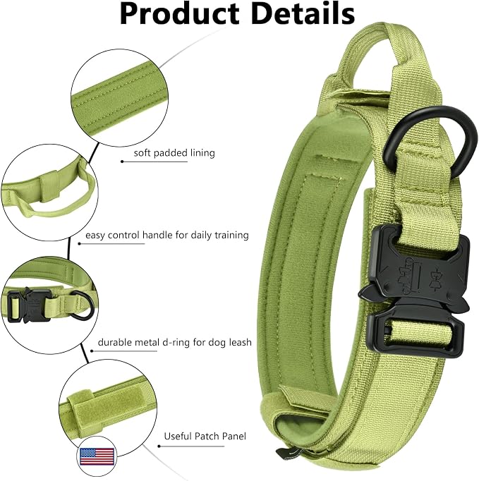 DAGANXI Tactical Dog Collar, Adjustable Military Training Nylon Dog Collar with Control Handle and Heavy Metal Buckle for Medium and Large Dogs, with Patches and Airtags Case (XL, Spring Grass)