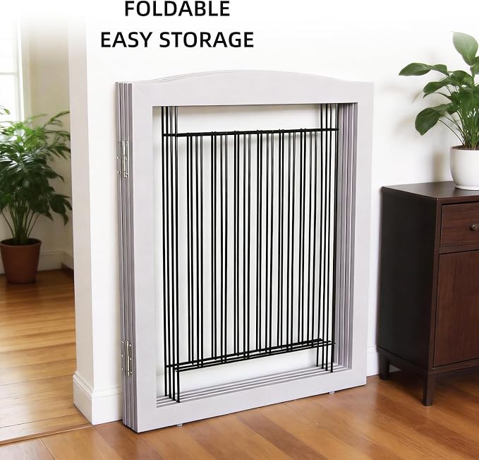 Dog Fence Indoor,Dog Gate Indoor for Doorway pet gate -4-Panel Freestanding, Hallways, House or Stairs -80x32-Inch Retractable Foldable Expandable Wood Pet by SFJC (Grey) ﻿