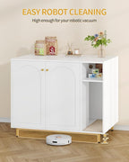 Hzuaneri Large Cat Litter Box Enclosure, Automatic Litter Box Furniture | Wooden Self-Cleaning Cat Cabinet with Storage & Scratch Pad, Modern Cat Washroom, End Table, White and Gold CB87103G