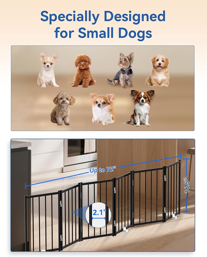 BFNN Small Dog Gate Indoor, Up to 72" W Freestanding Pet/Puppy Fence, Black | Flexible Space Control | Chewproof Steel Frame | 16.5" Step-Over Gate | Foldable | Drill-Free Setup | For Stairs & Doorways
