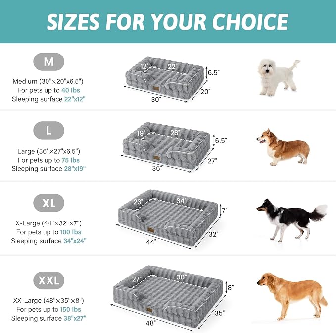 COZY KISS Orthopedic Dog Bed for Extra Large Dog 44x32 inch, XL Faux Fur Pet Sofa, Bolster Foam Bed with Sides, Non-Slip and Egg-Crate Big Dog Couch Bed with Washable Removable Cover, Grey