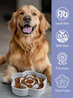Ceramic Slow Feeder Dog Bowl, Anti-Choking Slow Food Bowls, 8" 11.3oz Slow Feeder for Medium, Large Breeds, Plum Puzzle Design, Non-Slip Silicone, Dishwasher and Microwave Safe, Blue