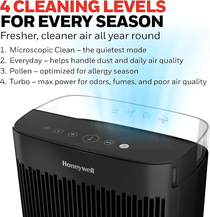 Honeywell HEPA Air Purifier for Home and Small-Medium 938 Ft² Rooms, Black | Powerful HEPA Filtration with Quiet, Clean, Turbo and Auto Modes, Reduces Allergens, Dust, Pollen, Pet Dander, Odors, Smoke
