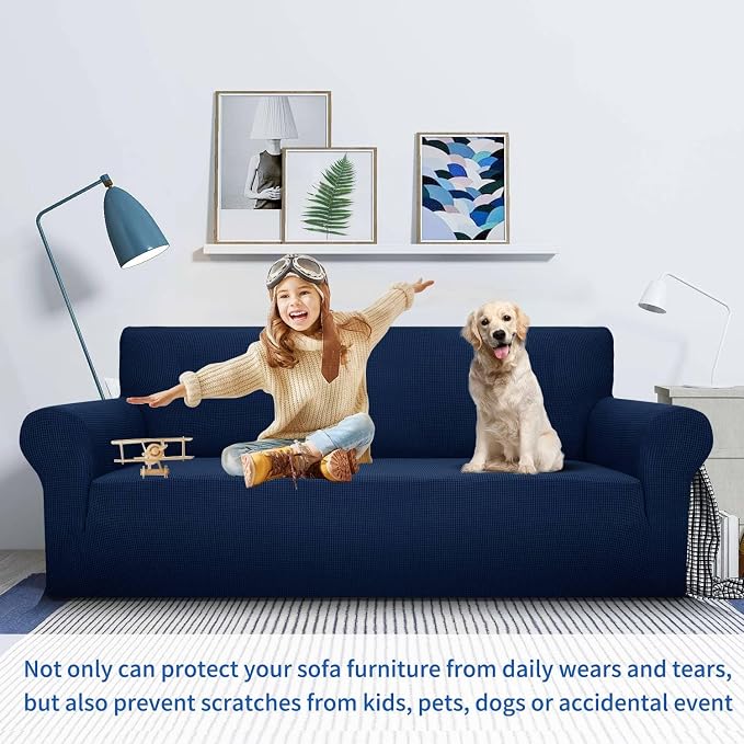 MAXIJIN Stretch Loveseat Sofa Slipcovers 1 piece Love Seat Couch Covers for 2 Cushion Couch Non Slip Sofa Cover Washable Dog Cat Proof Furniture Protector Pet Friendly (Loveseat, Navy Blue)