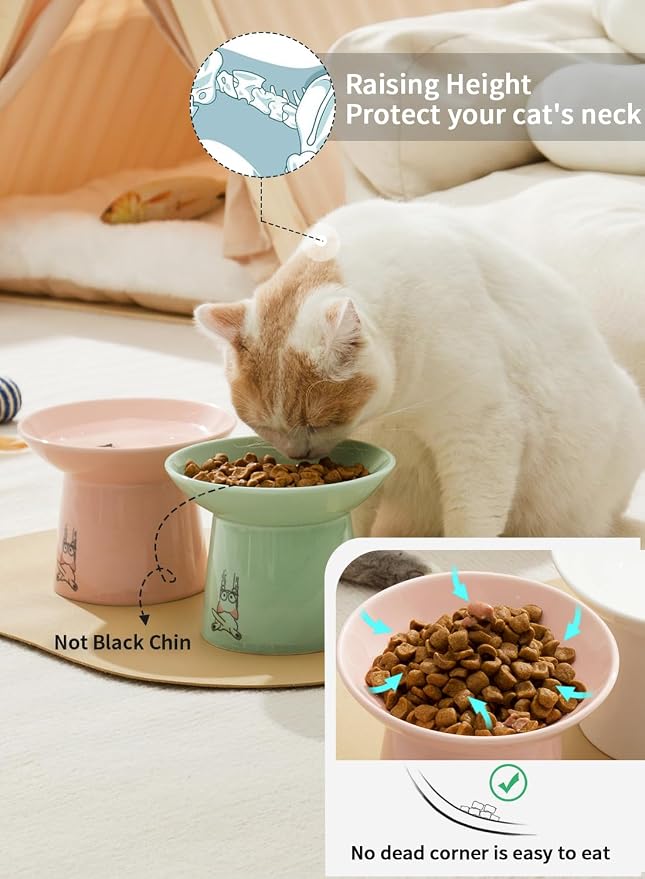 6.5 Inch Extra Wide Ceramic Elevated Cat Bowls, Raised Pet Bowl Set | Whisker Fatigue, for Elder Big Cats Small Dogs, Set of 2, Green & Pink
