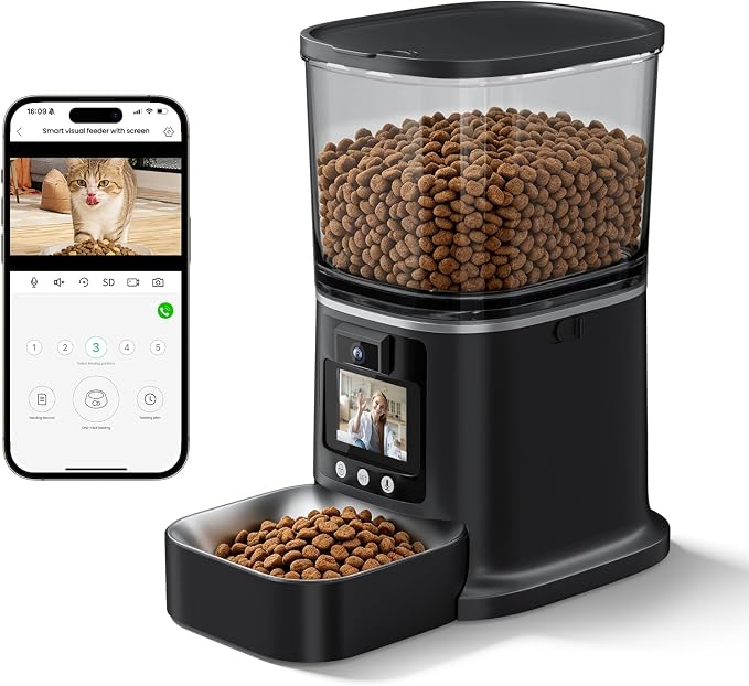 Automatic Cat Feeder with Camera, 2-Way Video& Audio, HD Video with Night Vision, 5G WiFi Pet Feeder, 5L Large Food Storage Container for Multiple Pet, Detachable for Easy Clean (Black)