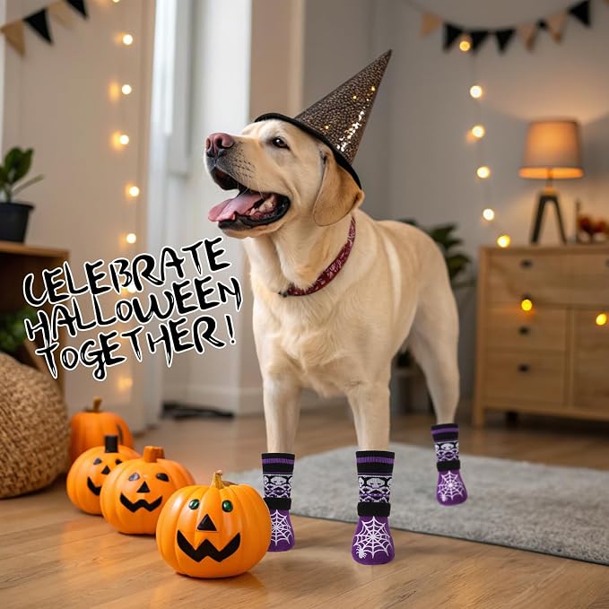 EXPAWLORER Halloween Anti Slip Dog Socks to Prevent Licking Paws, Boots & Paw Protectors with Spider Web Grippers,Doggie Booties for Hardwood Floors for Small Medium Large Senior Dogs Purple Ghost L