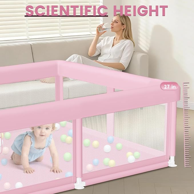 Hiaksedt Baby Playpen 50"x50" Baby Girl Play Pen for Babies and Toddlers | Safe Structure and Soft, Skin-Friendly Fabric with Zipper Gates Pink