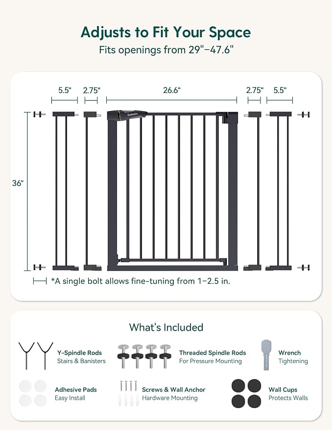 Babelio 36" Extra Tall Baby Gate for Stairs No Drilling, Dog Gate Indoor | 29-48" Wide; Pressure/Wall Mount; Triple-lock System; 200N Impact Tested; Easy Install for Doorways, Kitchen, Hallway, Black