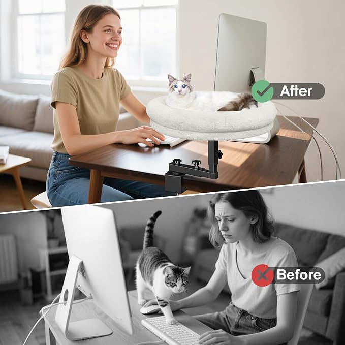 Desk Cat Bed, 18" Cat Bed for Desk, 360° Rotating, White | Cat bed desk with plush cushion, reinforced frame and adjustable position for home or office desks.