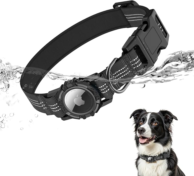 AirTag Dog Collar, IP68 Waterproof Integrated Air Tag Dog Collars with Reflective, Ultra-Durable, Comfortable Padded, Heavy Duty Dog Collars for Small Medium Large Dogs, L (14.8"-20.3"), Black