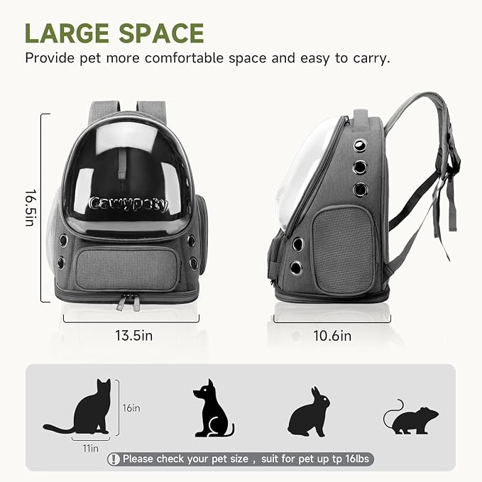 Cawypety Cat Backpack Carrier, Breathable Cat Carrier Large Space Bubble Pet Backpack for Kitty Small Dog up to 12lbs, Transparent & Foldable Pet Carrier for Travel Hiking | Breathable Mesh, Safety Leash, Sturdy, Transparent & Foldable Pet Carrier for ...
