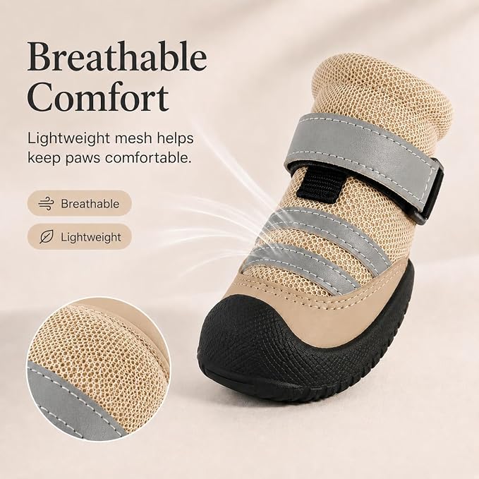 Dog Boots, Waterproof Dog Shoes with Reflective Straps, Rugged Anti-Slip Sole Paw Protectors for Medium Large Dogs, Breathable Pet Booties for Hot Pavement, Snow, Hiking, 4Pcs