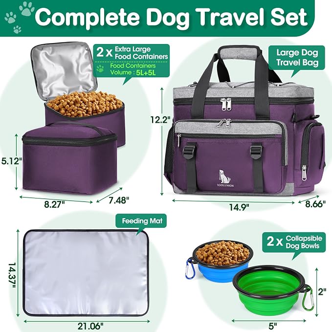 IGOLUMON Dog Travel Bag Large Pet Travel Bags Set for Supplies Weekend Travel Kit Tote Organizer Multi-Pockets Dog Food Travel Bag with 2 Large Food Containers, 2 Dog Bowls, 1 Feeding Mat, Purple