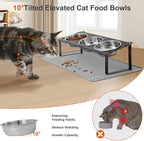 Elevated Cat Bowls with Food Mat, 10°Tilted Non-Slip Raised Cat Food Water Bowls Set, 3 Thick Stainless Steel Pets Dishes with Cute Metal Feeding Stand for Indoor Kitten Puppy, Anti-Vomiting