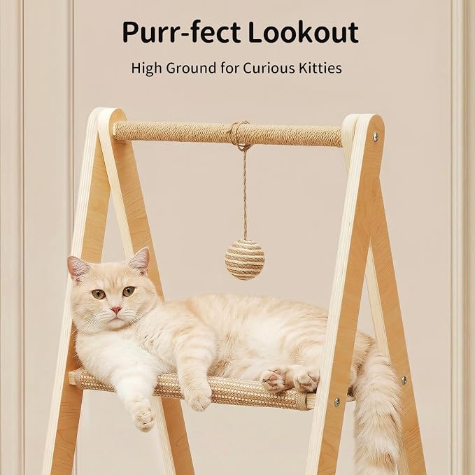 Stylish Plywood A-Frame Cat Tower, 3-Tier Perch, Sisal Scratching Board & Open Hammock, Space-Saving Movable Cat Tree Fits Most Home Styles