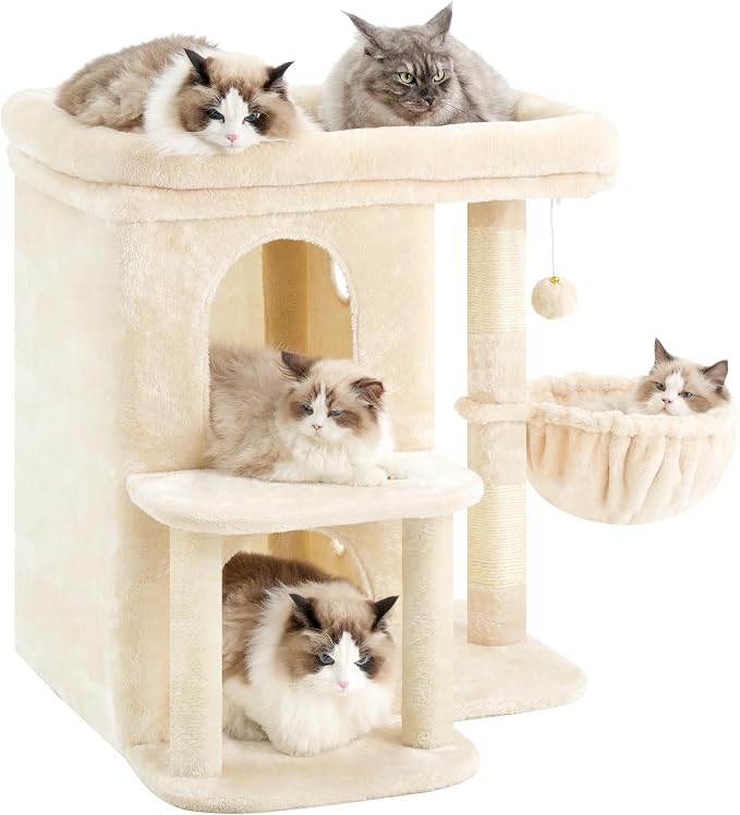 Heybly 26.3" Cat Tree for Large Cats with Big Perch & Dual Condos HCT204SM | 26.3-inch Spacious Cat Tower with Scratching Posts, Stair-Style Cat House Furniture with Cozy Basket & Pompom, Beige