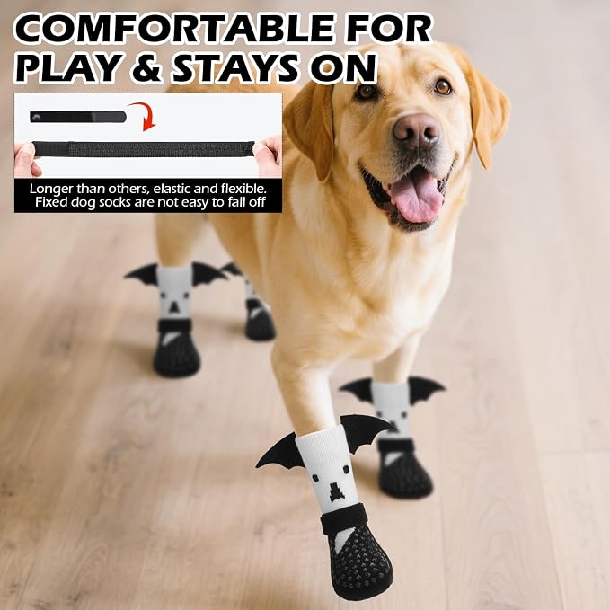 EXPAWLORER Halloween Anti Slip Dog Socks to Prevent Licking Paws, Boots & Paw Protectors with Grippers,Doggie Booties for Hardwood Floors for Small Medium Large Senior Dogs Costume White Ghost Wings M