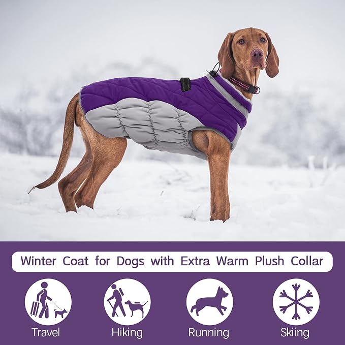 FUAMEY Dog Coat for Large Dogs, Fleece Dog Winter Jacket with Harness | Puppy Cold Weather Coats Reflective Pet Puffer Vest with Zipper Water-Resistant Warm Dogs Snowsuit Windproof Purple XXXL