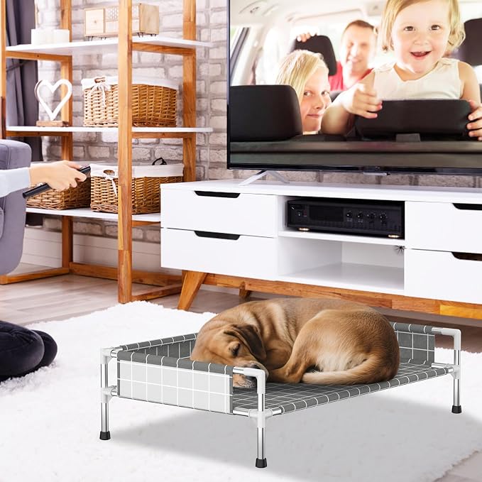 Elevated Dog Bed with Guardrail, Raised Pet Bed for Small Medium Dogs | Rust-resistant stainless steel frame with safety fence & soft cotton fabric. Anti-slip feet for secure indoor and outdoor use