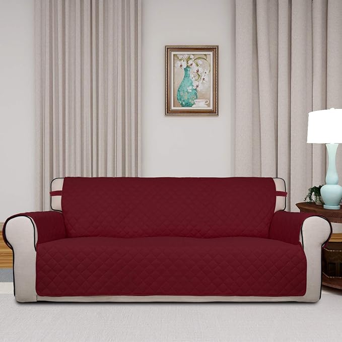 PureFit Reversible Quilted Sofa Cover Dog Couch Covers for Sofa, 66 in | Red/Ivory, Water Resistant Couch Protector, Washable Pet Couch Cover with Non Slip and Elastic Straps For Kids