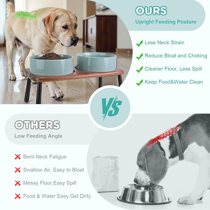 SPUNKYJUNKY Ceramic Elevated Dog Bowls Raised with Acacia Bamboo Wooden Stand, 8.3'' Dog Food Water Bowls Set Non-Slip for Medium Large Sized Breed Microwave Dishwasher Safe - 60 OZ,Light Green