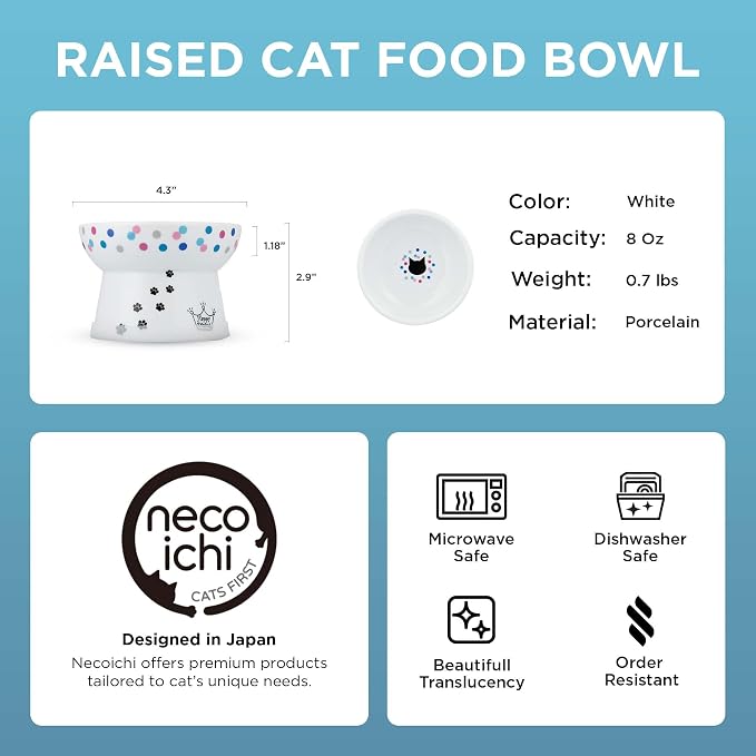 Necoichi Ceramic Raised Cat Food Bowl, 15° Tilted (Colorful Dots, Regular)