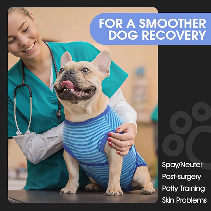 FUAMEY Recovery Suit for Dogs After Surgery,Soft Breathable Dog Bodysuit | E-Collar & Cone Alternative Surgical Suit,Male Female Dog Neuter Spay Suits Anti Licking Wounds Onesie Navy Blue Strips L