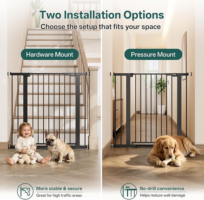 InnoTruth 29.6-39.1 in Wide x 35.5 in High Extra Tall Baby Gate, Black | Indoor Metal Dog Gate for Stairs and Doorways, Auto Close Walk Through Door for Pets, Double Lock, Pressure or Hardware Mount
