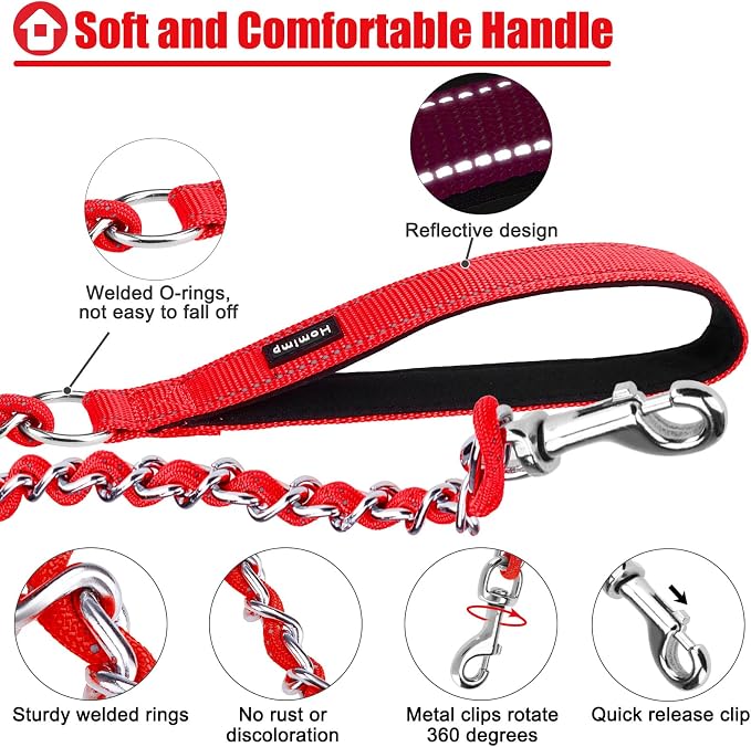 Homimp Chain Dog Leash - Reflective, Chew Proof Metal Leash for Large Dogs, 6 FT with Comfortable Soft Padded Handle, Anti Bite Durable, Non Chewable (Red)