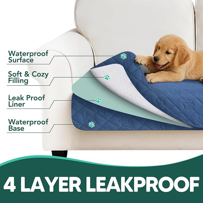 PAWFINITY Waterproof Loveseat Covers for Dogs, Pet Blanket for Couch | Paw Print Quilted, Hair Resistant, Anti Cat Scratch, Washable Protector for 2 Seat Sofa & Chair Cushion, 40x50 Inch, Blue