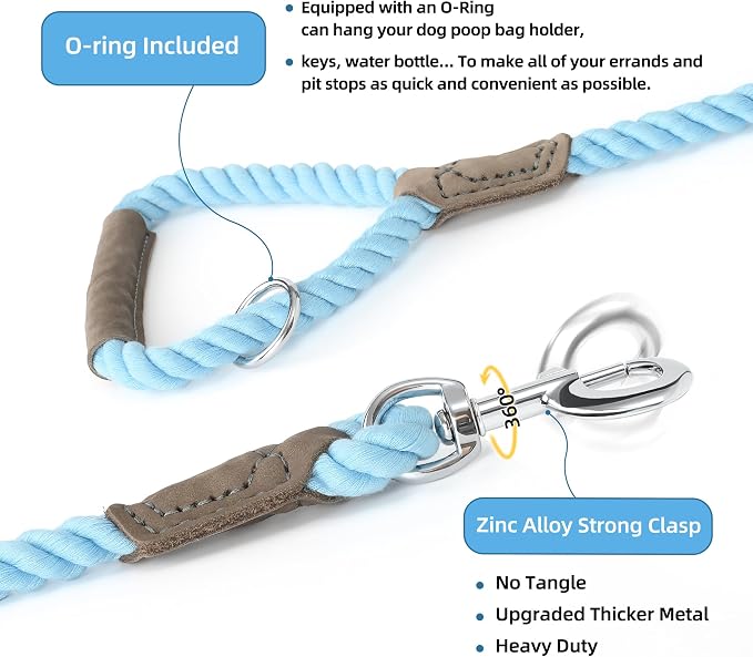 Mile High Life Dog Leash Braided Cotton Rope w/Leather-Wrapped Ends/Handle | Rust-proof 360° swivel clasp, Heavy-duty for medium/large breeds. Great for weddings, daily walks (6 FT, 1/2", Sky Blue)