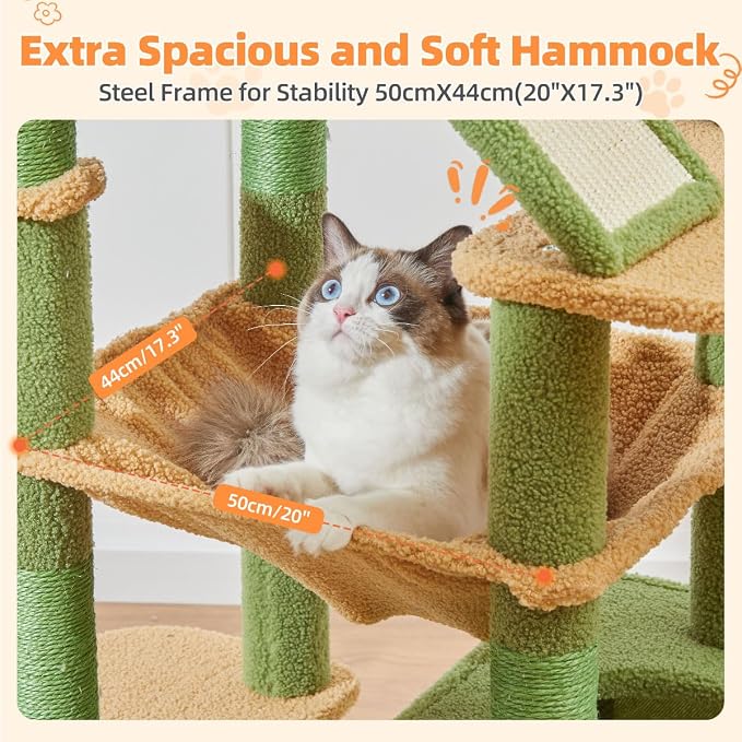 Taoqimiao Cactus Cat Tree, 71 in Extra Large Cat Tower for Inddor Cats | 2 Large Cat Condos, 2 Cute Perches, Metal Frame Cozy Hammock, Durable Scratch Board, 8 Natural Sisal Posts, Basket, MSC026L
